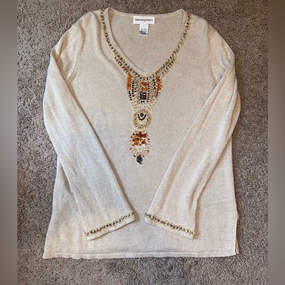 Bloomingdale's Beaded Women's Long Sleeve Sweater Blouse Size Large